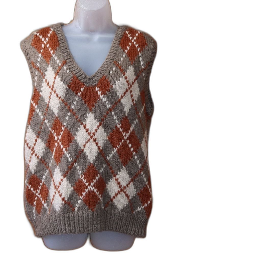Vintage Handmade Argyle Knit V-Neck Sweater Vest Brown Gray Off-White